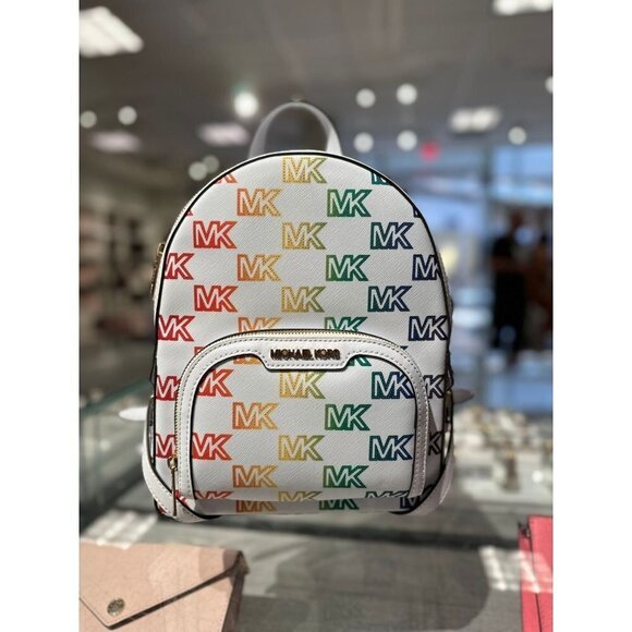 Michael Kors Backpack Jaycee Medium MK Signature Rainbow Optic White NWT - Picture 1 of 12